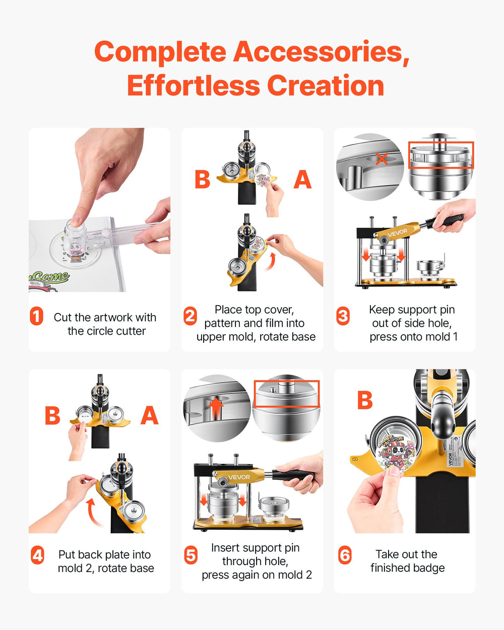 VEVOR Button Maker Machine, 2.25" / 58 mm, Solid Metal Pin Maker with 100pcs Button Parts, Circle Cutter and Magic Book, Reinforced Ergonomic Handle, Steel Mold, for DIY Badges, Pins, Key Chains