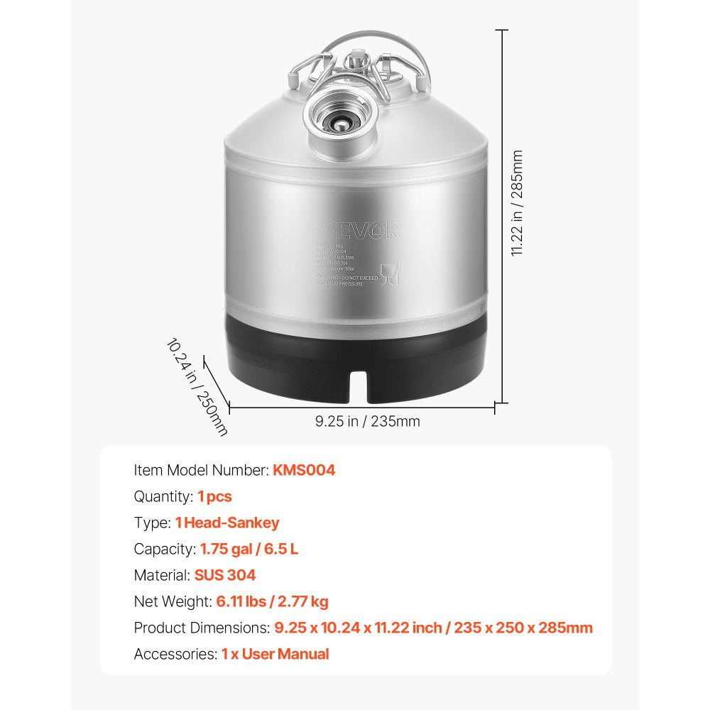 VEVOR Cleaning Keg, 1.75 Gallon/6.5L Keg Line Cleaning Kit with D Coupler Connection & Rubber Base, Beer Lines Cleaner Used for Beer Line Cleaning, 304Stainless Steel Kegerator Beers Lines Cleaner Kit