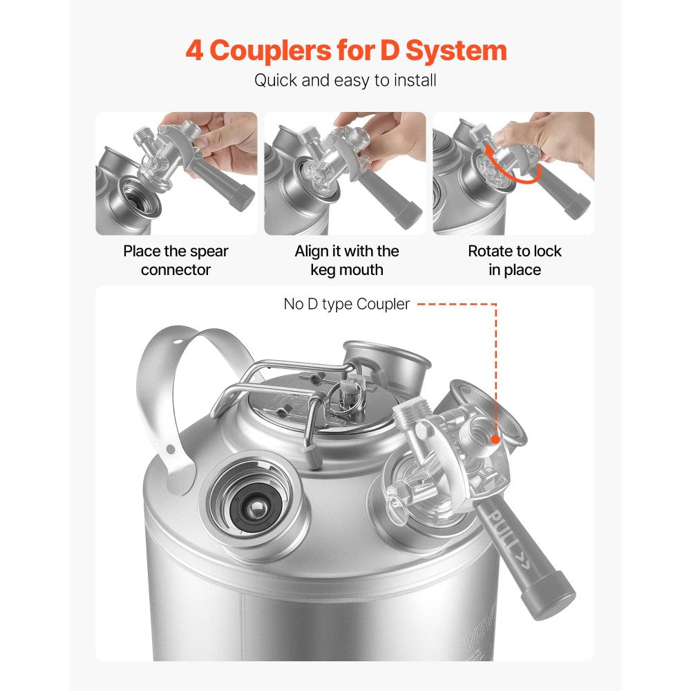 VEVOR Cleaning Keg, 5 Gallon/19L Keg Line Cleaning Kit with 4 D Coupler Connections & Rubber Base, Beer Lines Cleaner Used for Beer Line Cleaning, 304 Stainless Steel Kegerator Beers Lines Cleaner Kit