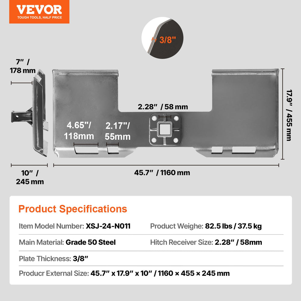 VEVOR Skid Steer Attachment Plate, 3/8" Skid Steer Mount Plate with 2.28" Hitch Receiver, 7000lbs Quick Attachment Loader Plates, Compatible with Deere, Kubota, Bobcat, Mahindra Skids Steers, Tractor