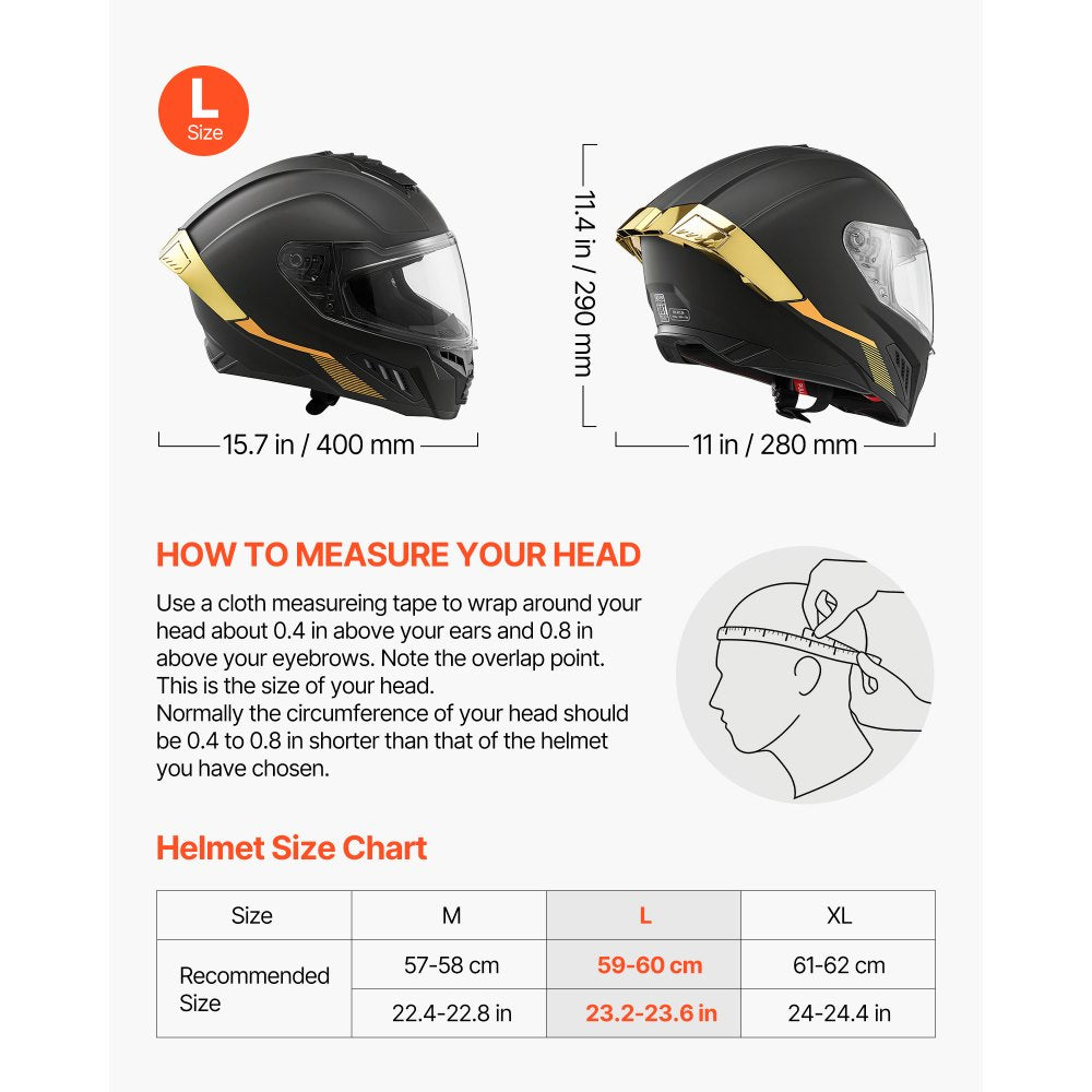 VEVOR Full Face Motorcycle Helmets, Dual-Visor Motorcycle Street Bike Helmet, Lightweight Comfortable Motocross Dirt Bike Helmet for Adults Men and Women - DOT & ECE Approved (L Size)