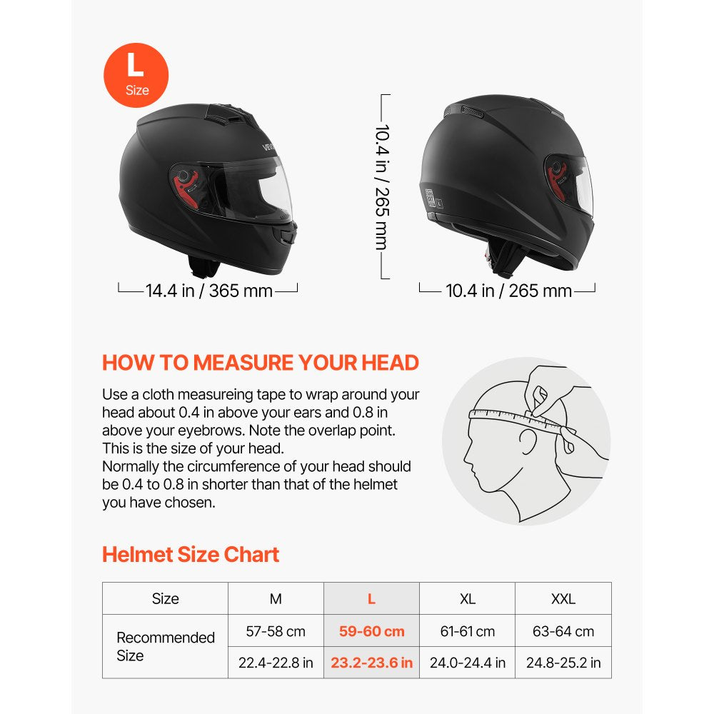 VEVOR Full Face Motorcycle Helmets, Adult Motocross Dirt Bike Helmet with Clear Visor, Lightweight Comfortable Motorcycle Street Bike Helmet for Men and Women - DOT Approved (L Size)