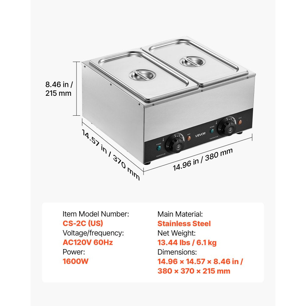 VEVOR 2-Temp Knob Chocolate Melting Machine, 2 Tanks 17.6 Lbs Choc Melter, 1600W Power, Independent Temp Control, Water Bath Heat System, Stainless Steel, 86℉ - 185℉, Cheese Warmer, Commercial & Home
