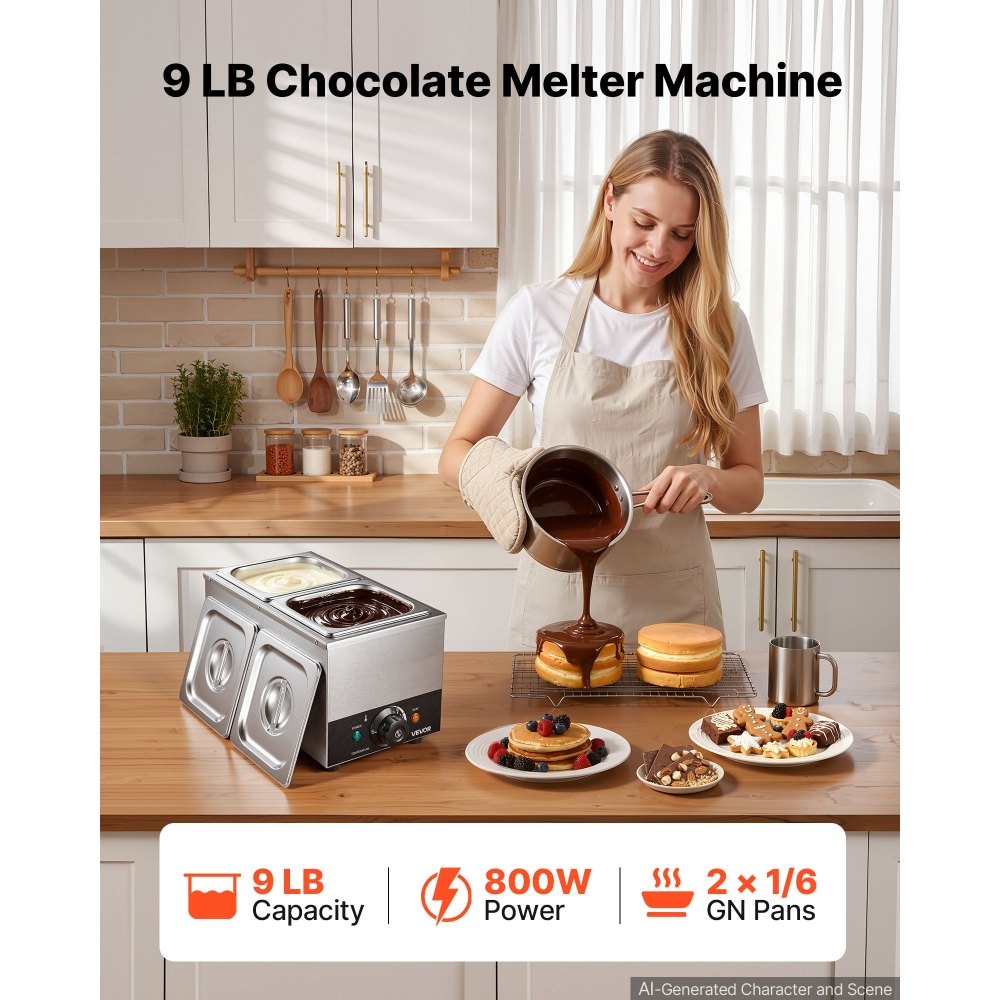 VEVOR Chocolate Melting Machine, 2 Tanks 9 Lbs Choc Commercial Melter, 800W High Power, Water Bath Heating System, Stainless Steel Body, 86℉- 185℉ Temp Range, Chocolate Warmer for Cheese Milk