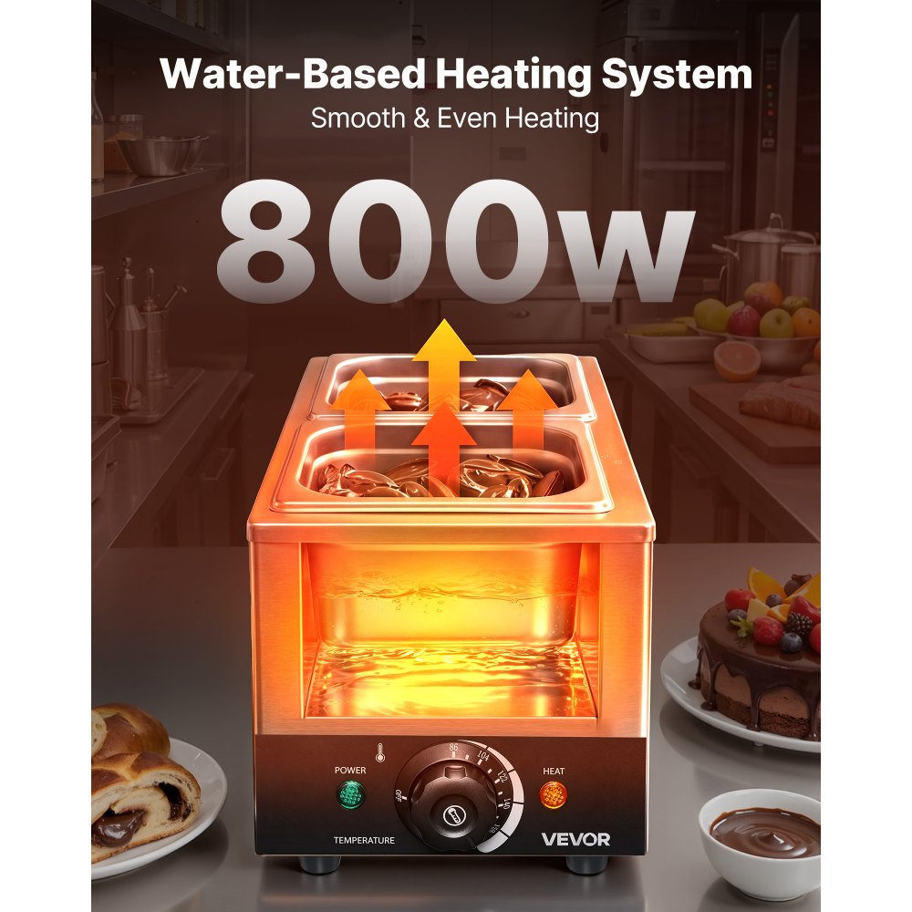 VEVOR Chocolate Melting Machine, 2 Tanks 9 Lbs Choc Commercial Melter, 800W High Power, Water Bath Heating System, Stainless Steel Body, 86℉- 185℉ Temp Range, Chocolate Warmer for Cheese Milk