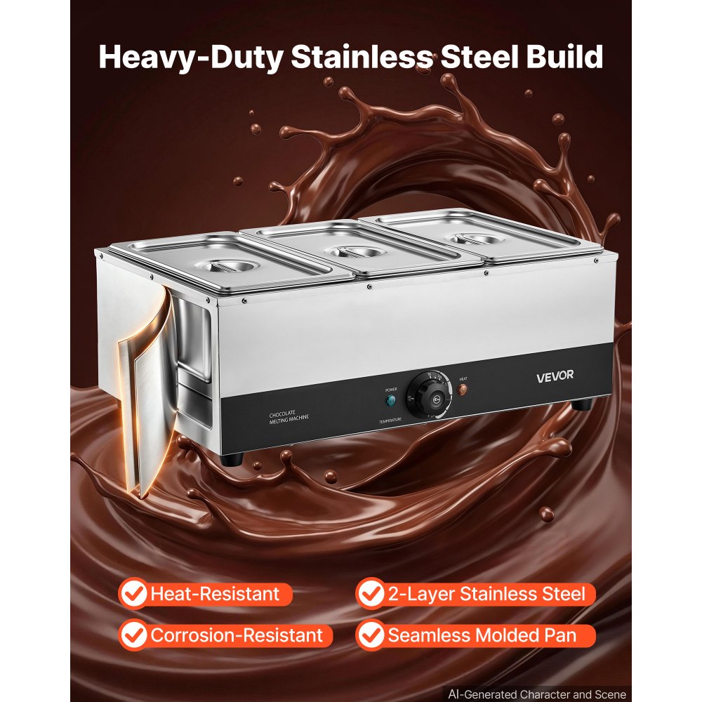 VEVOR Chocolate Melting Machine, 3 Tanks 27 Lbs Choc Commercial Melter, 1200W High Power, Water Bath Heating System, Stainless Steel Body, 86℉- 185℉ Temp Range, Chocolate Warmer for Cheese Milk