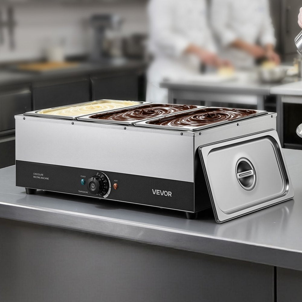 VEVOR Chocolate Melting Machine, 3 Tanks 27 Lbs Choc Commercial Melter, 1200W High Power, Water Bath Heating System, Stainless Steel Body, 86℉- 185℉ Temp Range, Chocolate Warmer for Cheese Milk
