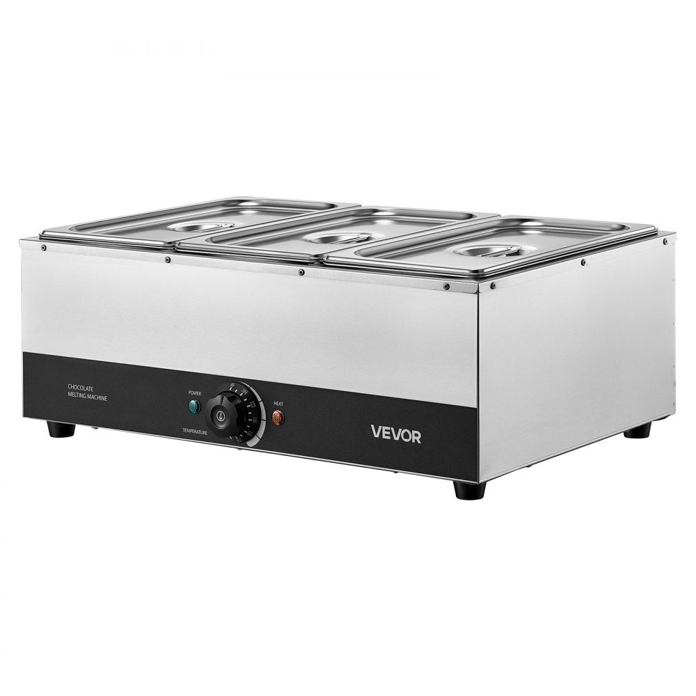 VEVOR Chocolate Melting Machine, 3 Tanks 27 Lbs Choc Commercial Melter, 1200W High Power, Water Bath Heating System, Stainless Steel Body, 86℉- 185℉ Temp Range, Chocolate Warmer for Cheese Milk