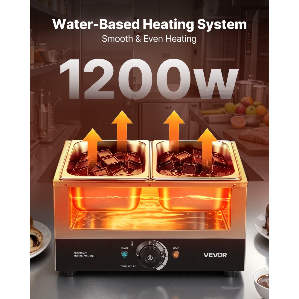 VEVOR Chocolate Melting Machine, 2 Tanks 17.6 Lbs Choc Commercial Melter, 1200W High Power, Water Bath Heating System, Stainless Steel Body, 86℉- 185℉ Temp Range, Chocolate Warmer for Cheese Milk