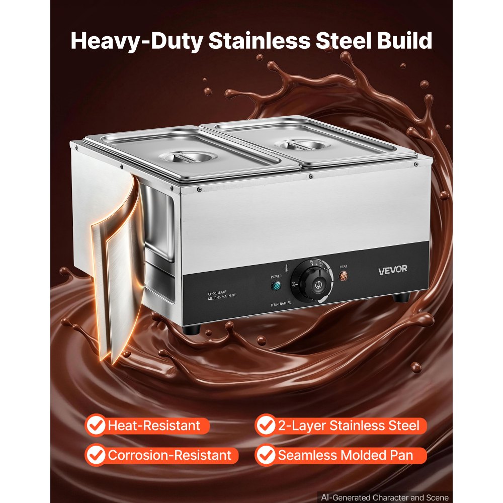 VEVOR Chocolate Melting Machine, 2 Tanks 17.6 Lbs Choc Commercial Melter, 1200W High Power, Water Bath Heating System, Stainless Steel Body, 86℉- 185℉ Temp Range, Chocolate Warmer for Cheese Milk