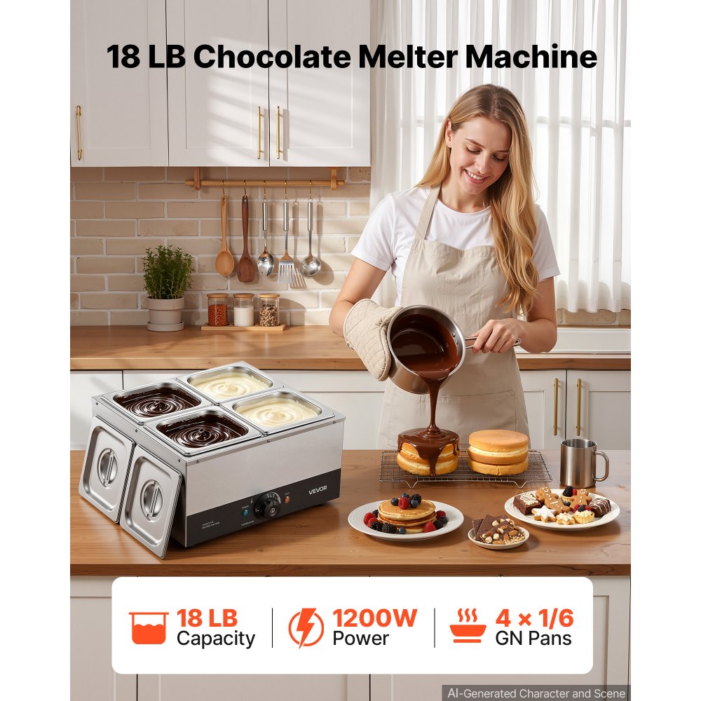 VEVOR Chocolate Melting Machine, 4 Tanks 17.6 Lbs Choc Commercial Melter, 1200W High Power, Water Bath Heating System, Stainless Steel Body, 86℉- 185℉ Temp Range, Chocolate Warmer for Cheese Milk