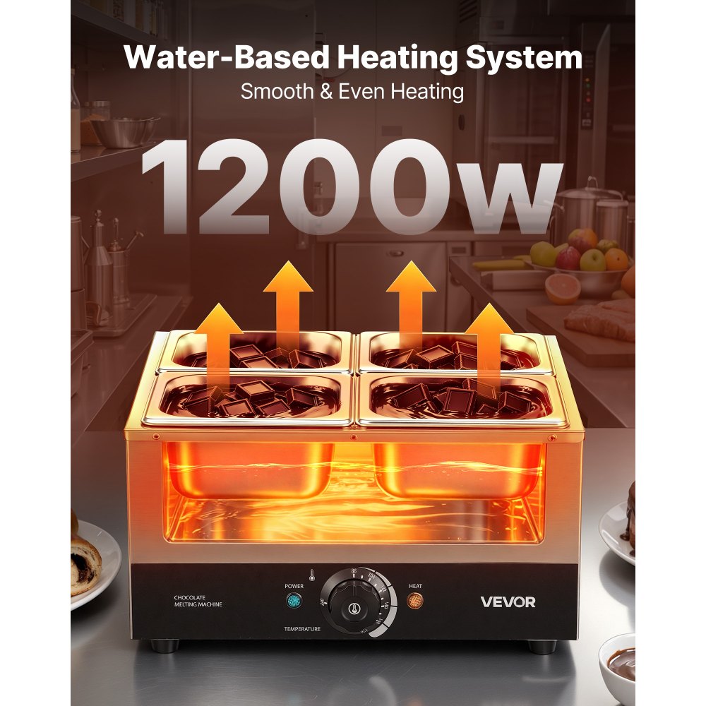 VEVOR Chocolate Melting Machine, 4 Tanks 17.6 Lbs Choc Commercial Melter, 1200W High Power, Water Bath Heating System, Stainless Steel Body, 86℉- 185℉ Temp Range, Chocolate Warmer for Cheese Milk
