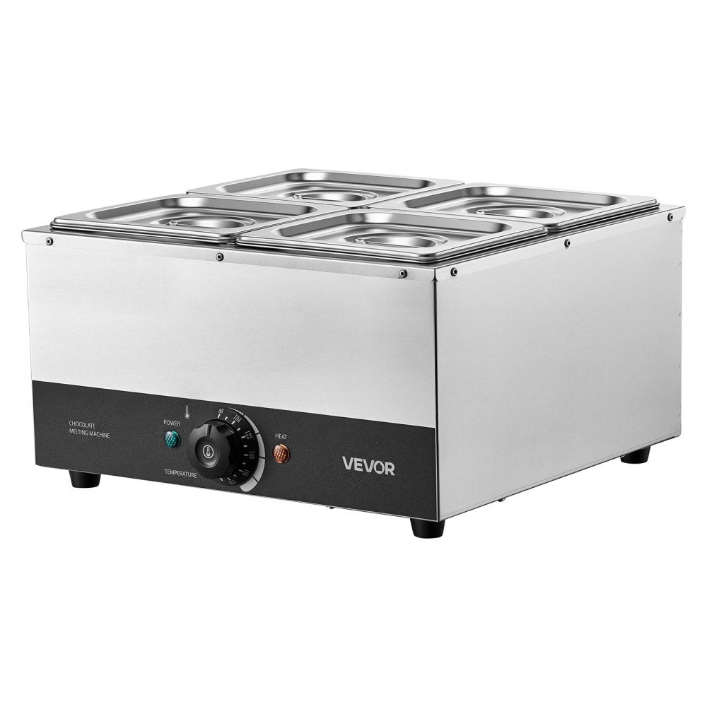 VEVOR Chocolate Melting Machine, 4 Tanks 17.6 Lbs Choc Commercial Melter, 1200W High Power, Water Bath Heating System, Stainless Steel Body, 86℉- 185℉ Temp Range, Chocolate Warmer for Cheese Milk