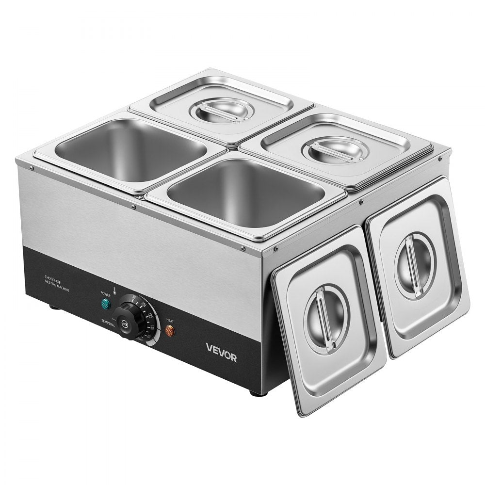 VEVOR Chocolate Melting Machine, 4 Tanks 17.6 Lbs Choc Commercial Melter, 1200W High Power, Water Bath Heating System, Stainless Steel Body, 86℉- 185℉ Temp Range, Chocolate Warmer for Cheese Milk