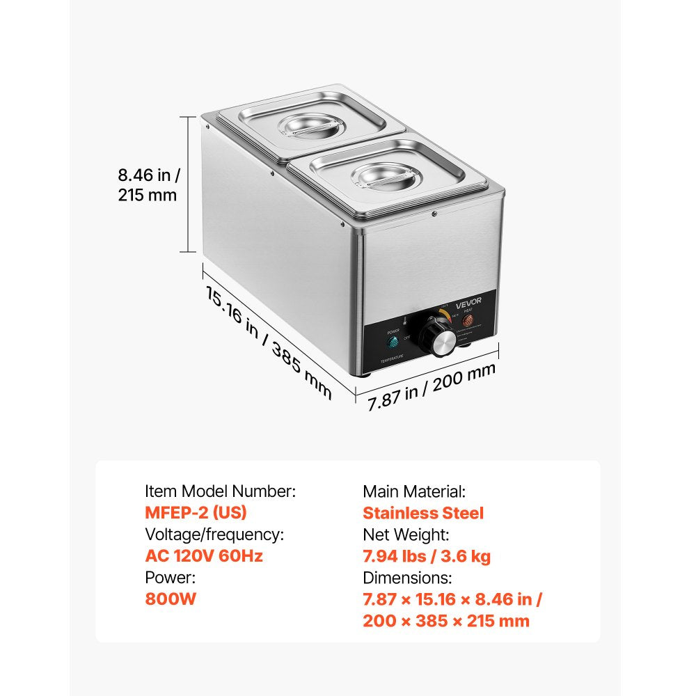 VEVOR Chocolate Melting Machine, 3 Cook Modes, 2 Tanks 9 Lbs Choc Melter, 86℉ - 230℉, 3 Cook Modes, 800W Power, Water Bath Heat System, 1/6 x 2 Pans, Stainless Steel, Cheese Warmer, Commercial & Home