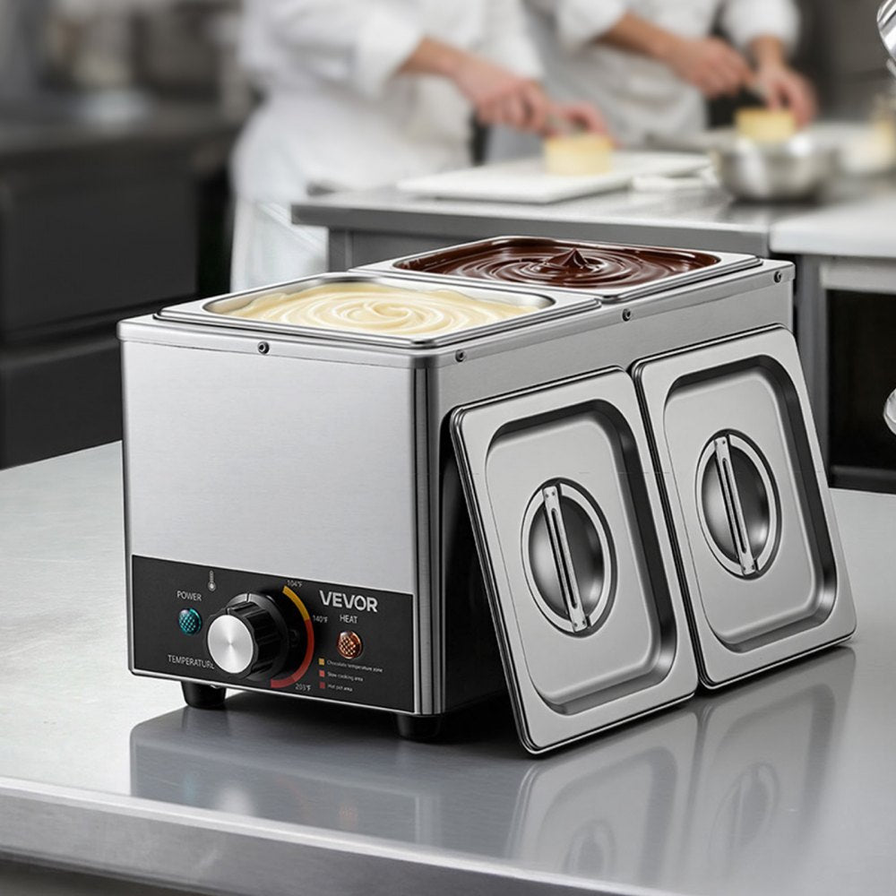 VEVOR Chocolate Melting Machine, 3 Cook Modes, 2 Tanks 9 Lbs Choc Melter, 86℉ - 230℉, 3 Cook Modes, 800W Power, Water Bath Heat System, 1/6 x 2 Pans, Stainless Steel, Cheese Warmer, Commercial & Home