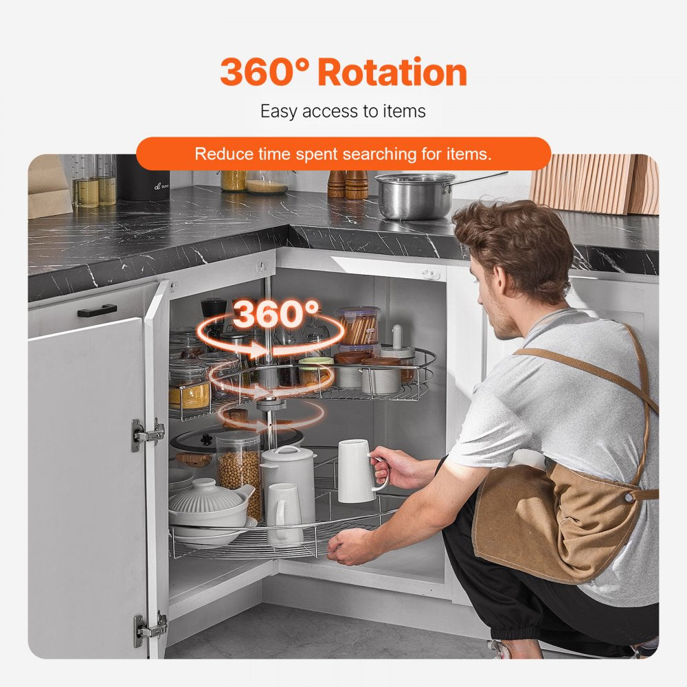 VEVOR 31.5" Kidney Shaped Chrome Corner Organizer, 360° Rotatble Kitchen Base Cabinet Blind Corner, 2 Tier Height Adjustable Storage Rack, Carbon Steel Lazy Susan Replacement Shelf for Cabinet Corner