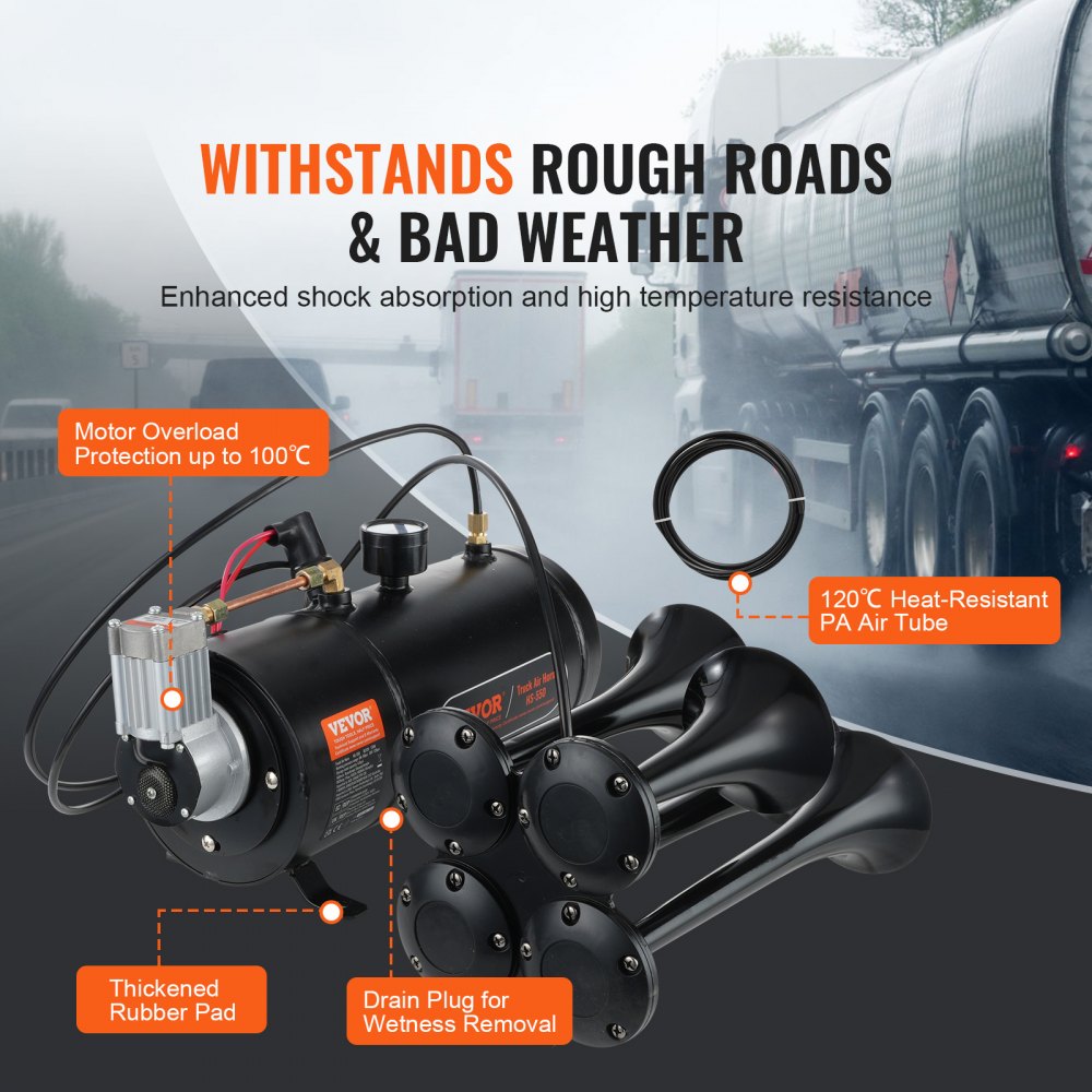 VEVOR Train Horns Kit, 4 Trumpet Air Horn Kit, 150dB Train Horns for Pickup Trucks, 12V 120 psi Air Compressor 0.8 Gal/3 L Tank with Gauge for Any 12V Vehicle Car Truck Train Van Boat