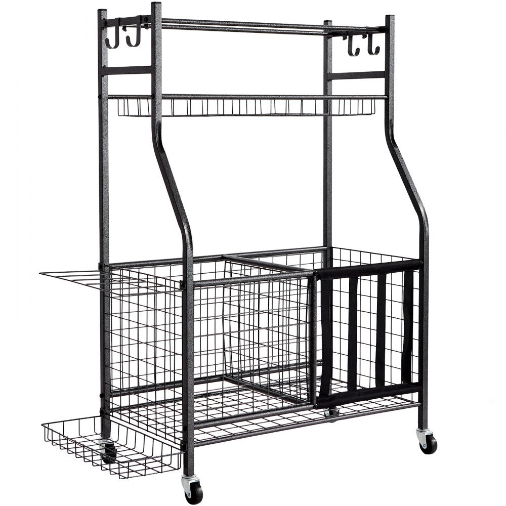 VEVOR Sports Equipment Garage Organizer, Rolling Ball Storage Cart on Wheels, Basketball Rack with Baskets & Hooks, Indoor/Outdoor Sports Gear and Toys Storage, Steel Sports Equipment Organizer, Black