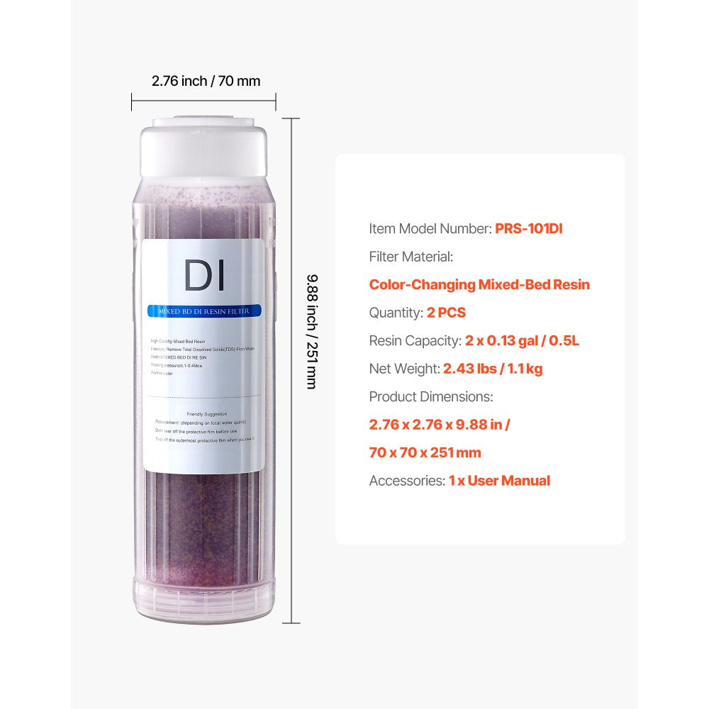VEVOR Deionized Filter for Spotless Car Wash System, 2 x 0.5L Color Changing DI Resin Filter Replacement - Compatible with PRS-101XC Deionized Water System for Cars RVs Windows