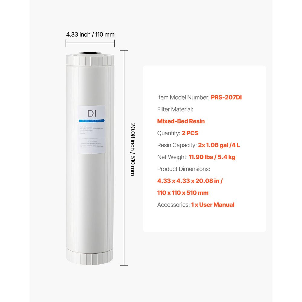 VEVOR Deionized Filter for Spotless Car Wash System, 2 x 4L Mixed-Bed DI Resin Filter Replacement - Compatible with PRS-207SLXC, PRS-TCXC, PRS-TCXC-PT, PRS-207XCGB Deionized Water System