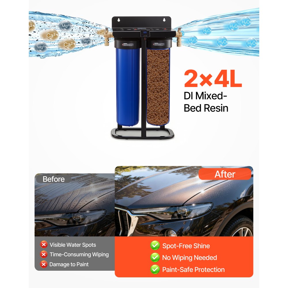 VEVOR Deionized Water System for Car Wash, Spotless Car Wash Water System with 2 x 4L DI Resin, TDS Meter & Bypass Valve, Spot-Free Deionized Water Filter for Cars RVs Motorcycles Windows