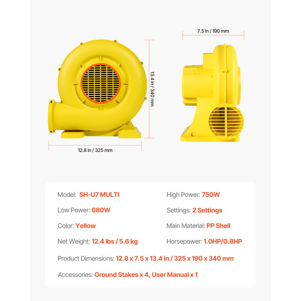 VEVOR Inflatable Blower, 680&750W, 1.0HP Bounce House Blower, Pump Commercial Air Blower for Inflatables, 3400RPM Bouncy Castle Electric Air Blower Fan Perfect for Bounce House, Waterslides, Yellow