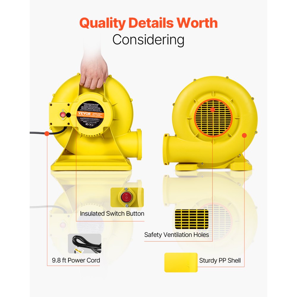 VEVOR Inflatable Blower, 750W&950W, 1.3 HP Bounce House Blower, Pump Commercial Air Blower for Inflatables, 3300RPM Bouncy Castle Electric Air Blower Fan Perfect for Bounce House, Waterslides, Yellow