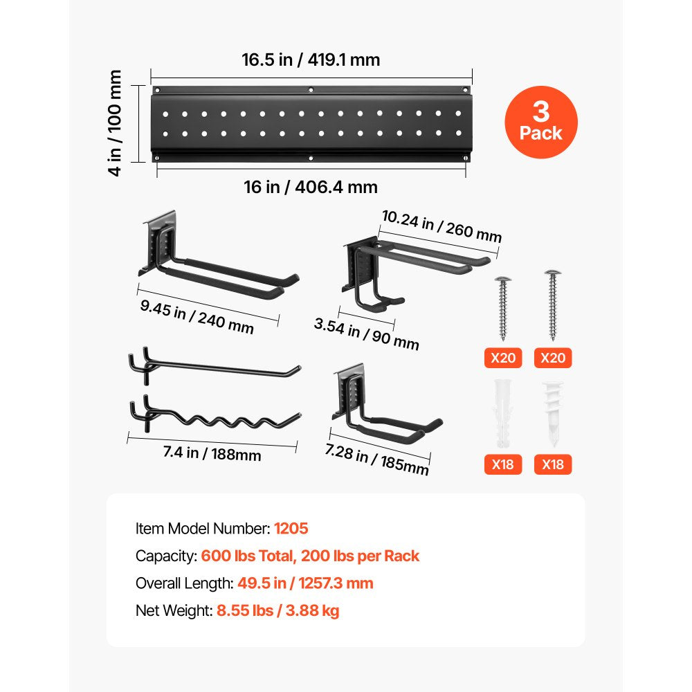 VEVOR Garage Tool Organizer 49.5 Inch 600 lbs Wall Mount Garden Tool Rack, Heavy Duty Garage Hanging Storage Rack Organization with 3 Rails and 12 Adjustable Hooks, for Yard Tools, Shovel, Rake, Shed