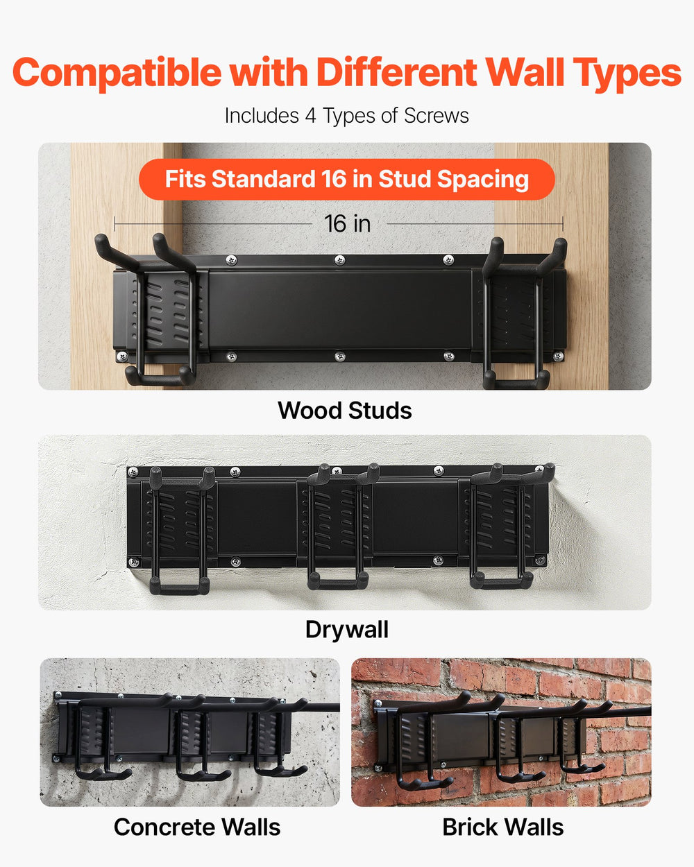 VEVOR Garage Tool Organizer 33 Inch 400 lbs Wall Mount Garden Tool Rack, Heavy Duty Garage Hanging Storage Rack Organization with 2 Rails and 5 Adjustable Hooks, for Yard Tools, Shovel, Rake, Shed