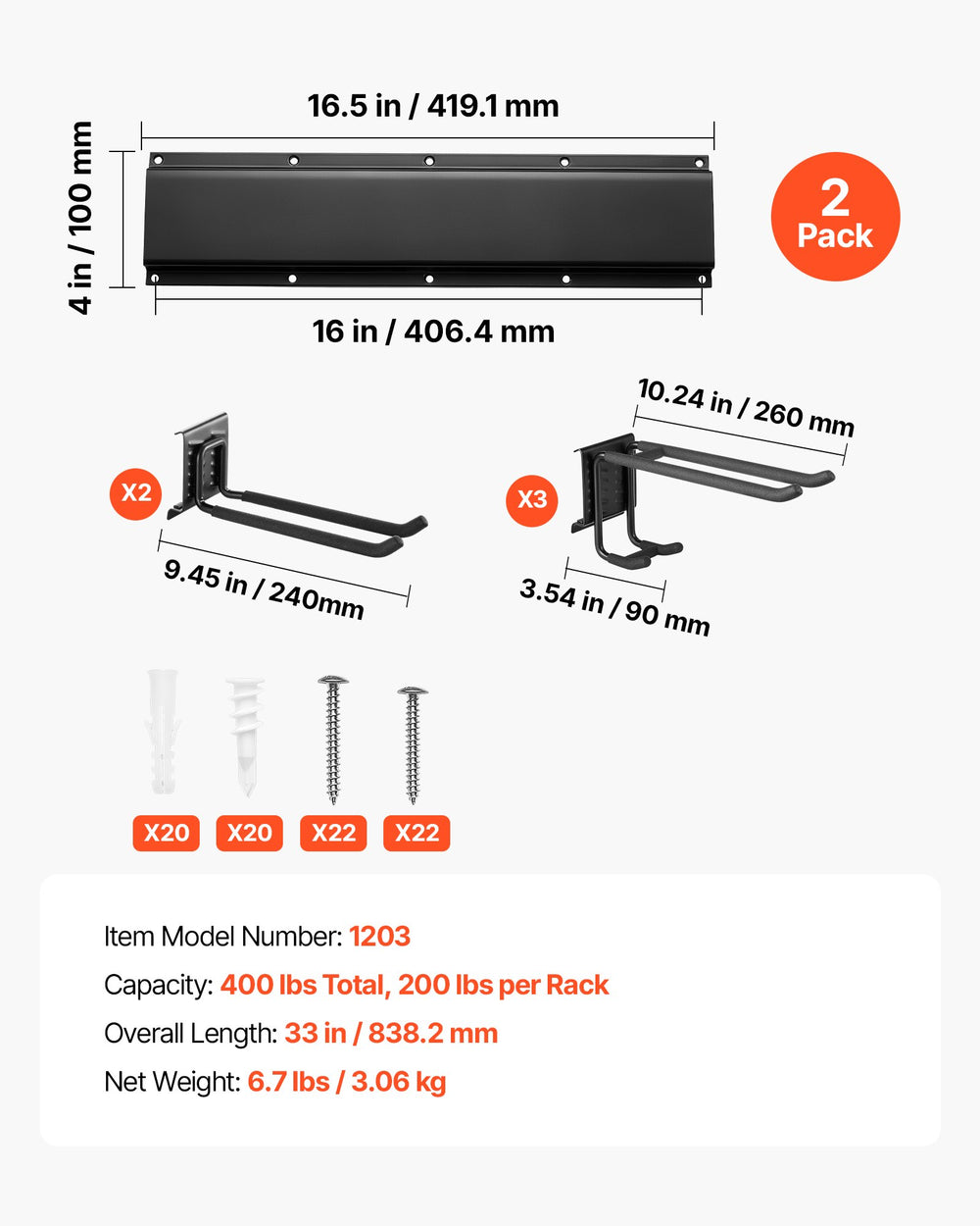 VEVOR Garage Tool Organizer 33 Inch 400 lbs Wall Mount Garden Tool Rack, Heavy Duty Garage Hanging Storage Rack Organization with 2 Rails and 5 Adjustable Hooks, for Yard Tools, Shovel, Rake, Shed
