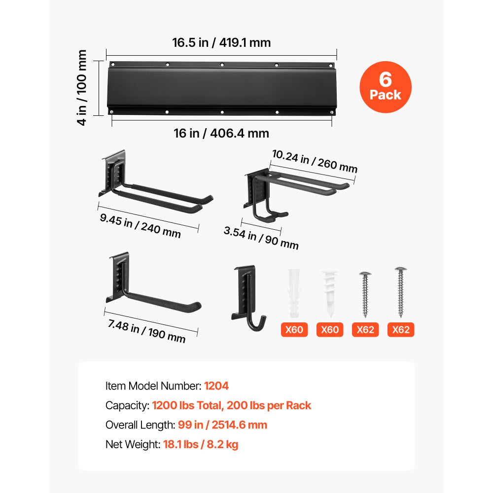 VEVOR Garage Tool Organizer 99 Inch 1200 lbs Wall Mount Garden Tool Rack, Heavy Duty Garage Hanging Storage Rack Organization with 6 Rails and 16 Adjustable Hooks, for Yard Tools, Shovel, Rake, Shed