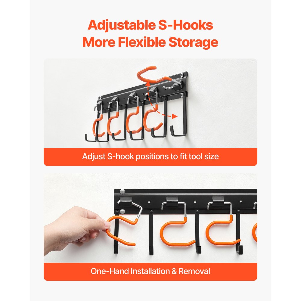 VEVOR Garage Tool Organizer 68 Inch 450 lbs Wall Mount Garden Tool Rack, Heavy Duty Hanging Storage Organization, 4 Rails with 24 Fixed L-Hooks, 20 Adjustable S-Hooks, for Yard Tools, Shovel, Shed
