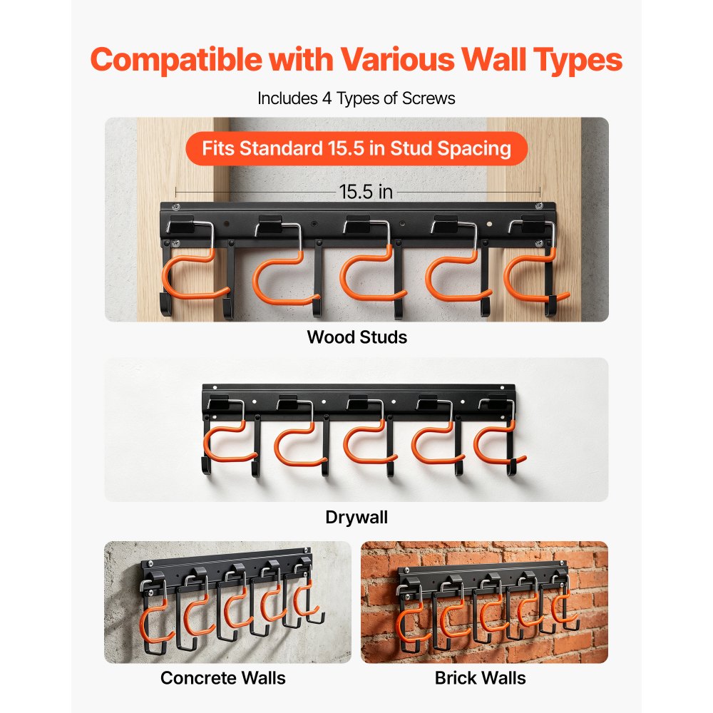 VEVOR Garage Tool Organizer 68 Inch 450 lbs Wall Mount Garden Tool Rack, Heavy Duty Hanging Storage Organization, 4 Rails with 24 Fixed L-Hooks, 20 Adjustable S-Hooks, for Yard Tools, Shovel, Shed