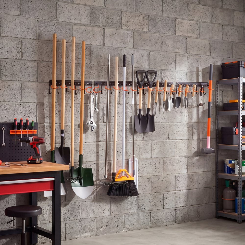 VEVOR Garage Tool Organizer 68 Inch 450 lbs Wall Mount Garden Tool Rack, Heavy Duty Hanging Storage Organization, 4 Rails with 24 Fixed L-Hooks, 20 Adjustable S-Hooks, for Yard Tools, Shovel, Shed