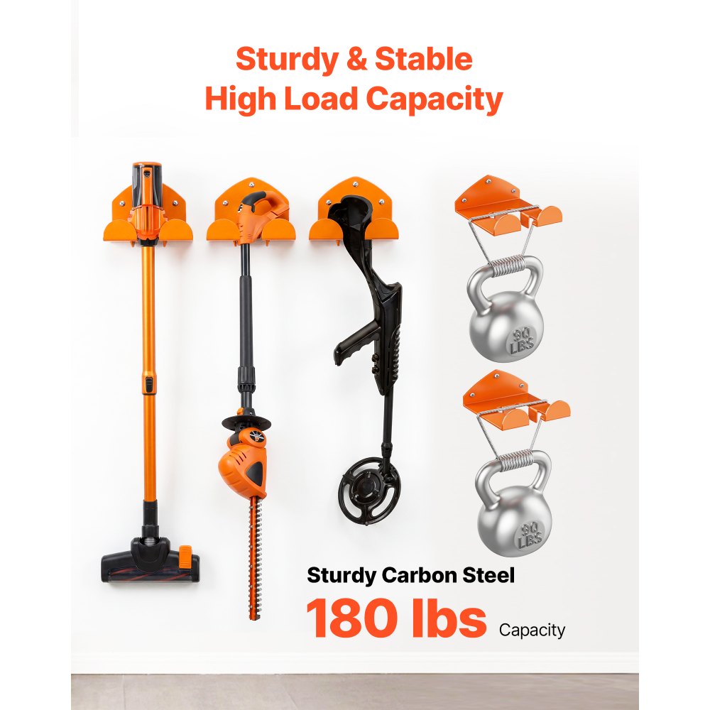 VEVOR Garage Organizer Trimmer Rack 5.9 Inch 2 Pack 180 lbs Total Load, Wall Mounted Garden Power Tool Hanger Weed Whackers Holder for Grass/Hedge Trimmer, Leaf Blower, Chainsaw, Garden Tools, Orange