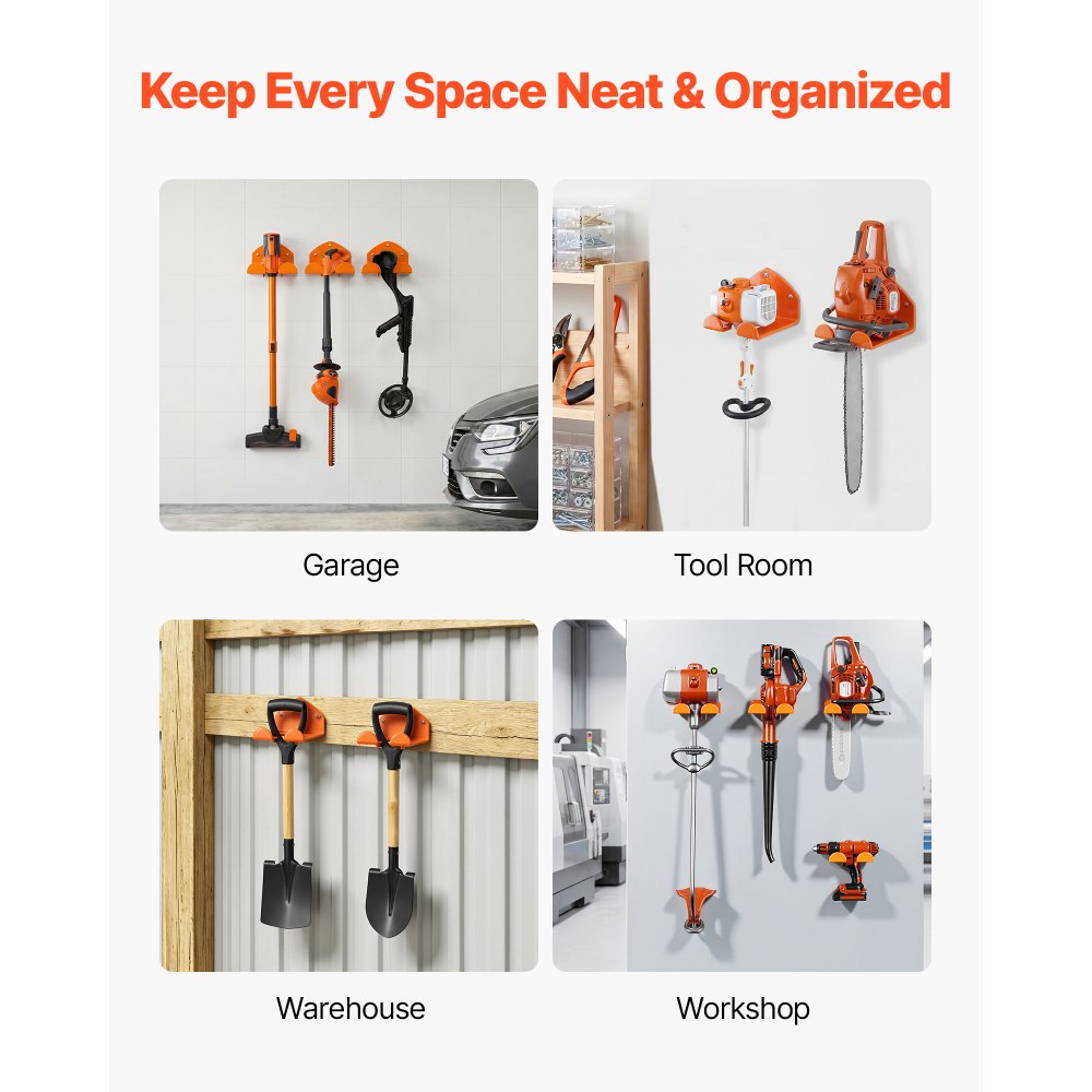 VEVOR Garage Organizer Trimmer Rack 5.9 Inch 2 Pack 180 lbs Total Load, Wall Mounted Garden Power Tool Hanger Weed Whackers Holder for Grass/Hedge Trimmer, Leaf Blower, Chainsaw, Garden Tools, Orange