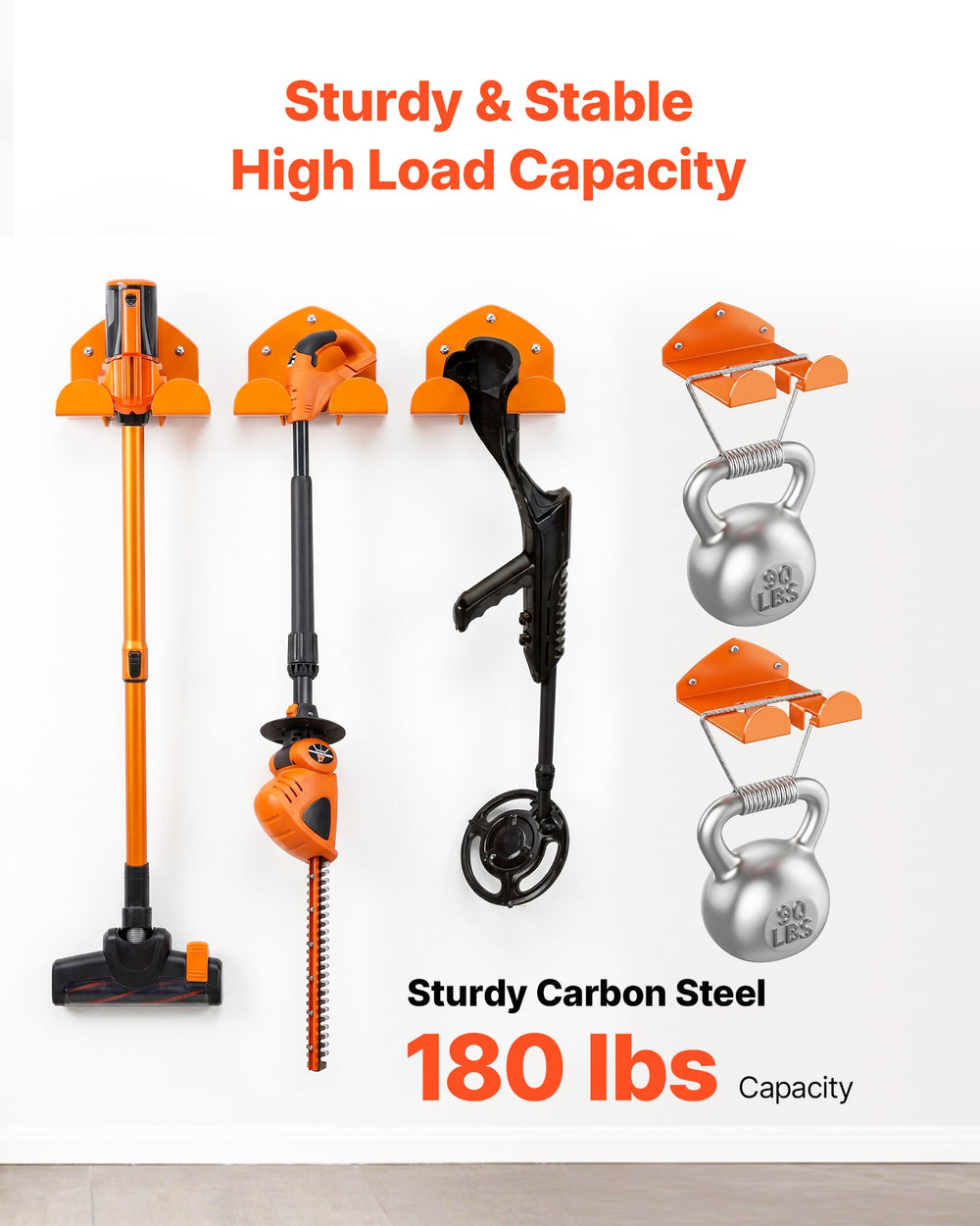 VEVOR Garage Organizer Trimmer Rack 5.9 Inch 2 Pack 180 lbs Total Load, Wall Mounted Garden Power Tool Hanger Weed Whackers Holder for Grass/Hedge Trimmer, Leaf Blower, Chainsaw, Garden Tools, Orange