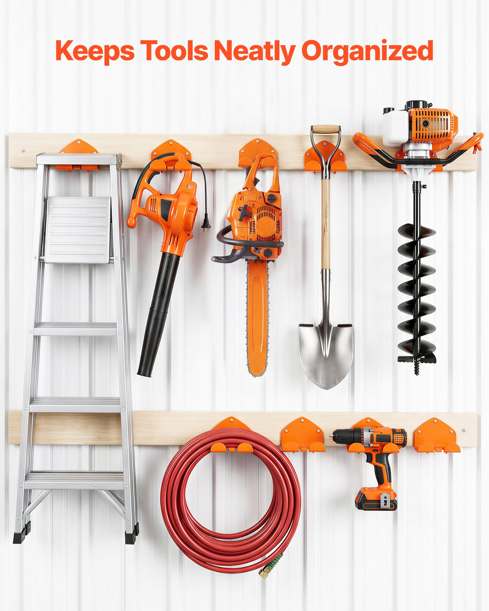 VEVOR Garage Organizer Trimmer Rack 5.9 Inch 2 Pack 180 lbs Total Load, Wall Mounted Garden Power Tool Hanger Weed Whackers Holder for Grass/Hedge Trimmer, Leaf Blower, Chainsaw, Garden Tools, Orange