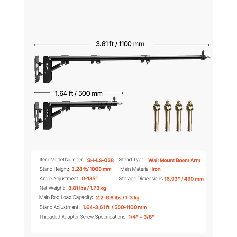 VEVOR Ring Light Wall Mount Boom Arm, 39.37 in/100 cm, Triangle Boom Arm Support 180° Rotation, Heavy Duty Wall Stand Tirpod Support, for Studio Video Light, Monolight, Photography, Softbox, Reflector