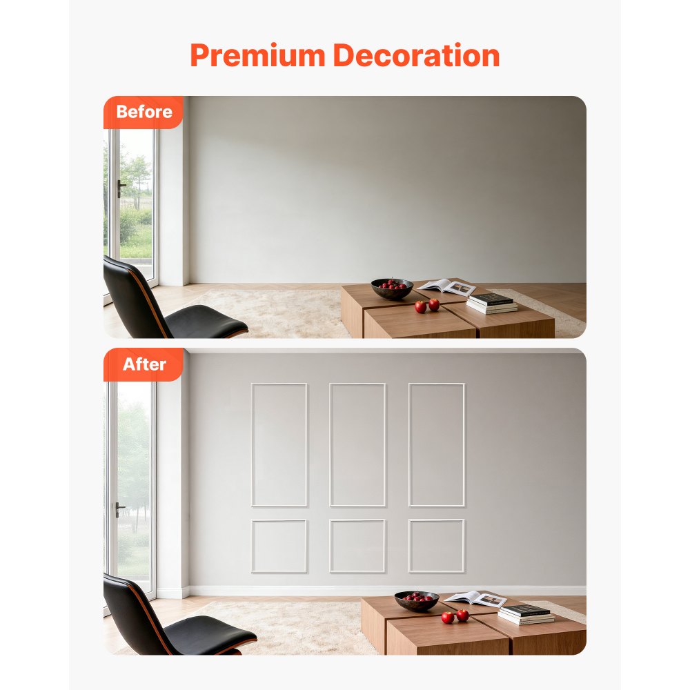 VEVOR Wall Molding 3 Pack, Wainscoting Panels Kit, Lightweight Paintable Polystyrene, Easy to Install, Waterproof Accent Wall Trim for Interior Décor Living Room, Bedroom, White (24x54 + 24x24 in)
