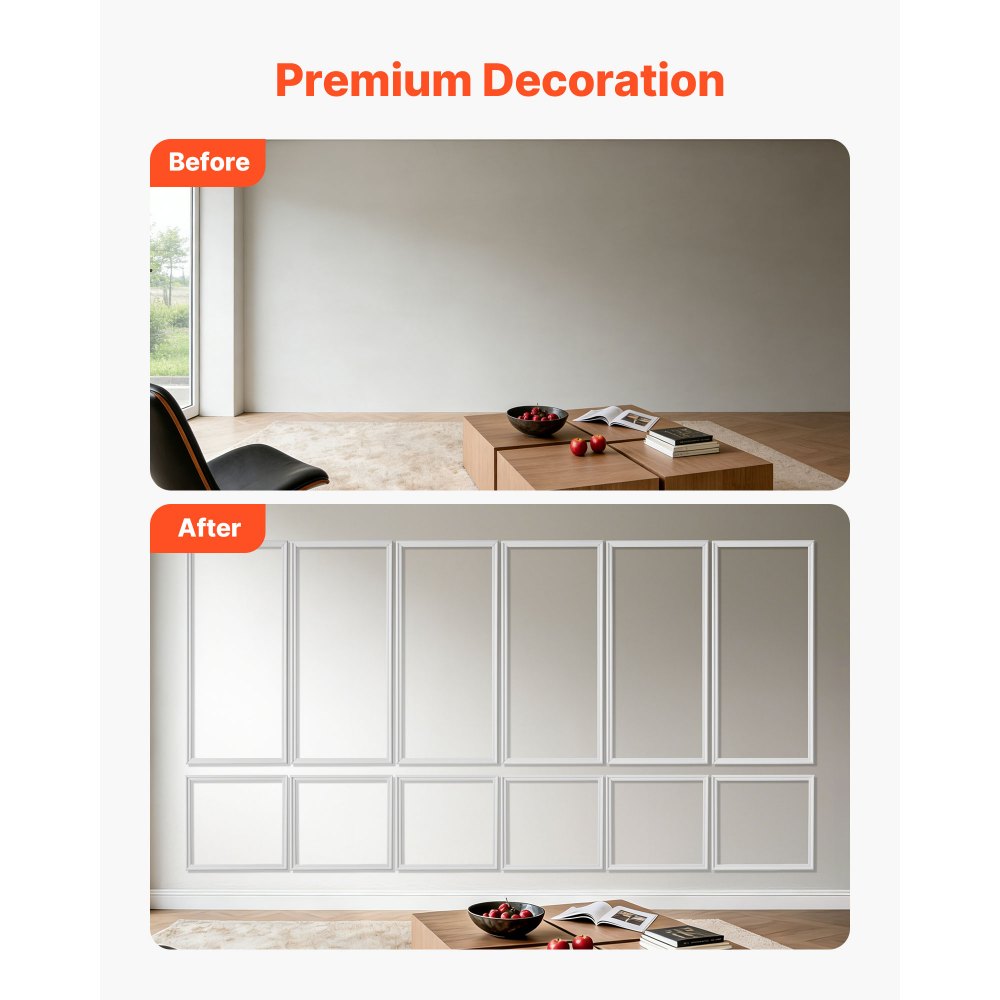 VEVOR Wall Molding 6 Pack, Wainscoting Panels Kit, Lightweight Paintable Polystyrene, Easy to Install, Waterproof Accent Wall Trim for Interior Décor Living Room, Bedroom, White (24x54 + 24x24 in)