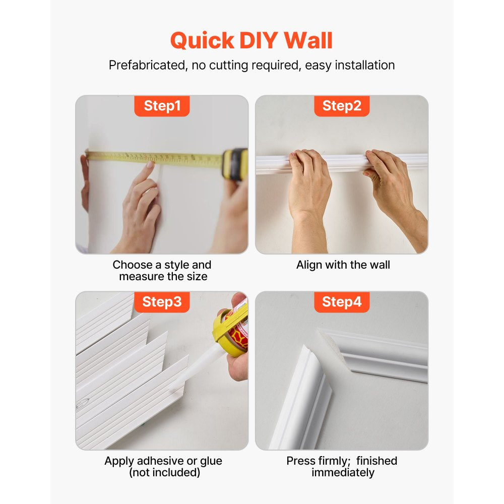 VEVOR Wall Molding 3 Pack, Wainscoting Panels Kit, Lightweight Paintable Polystyrene, Easy to Install, Waterproof Accent Wide Profile Trim for Interior Living Room, Bedroom,White (24x54 + 24x24 in)