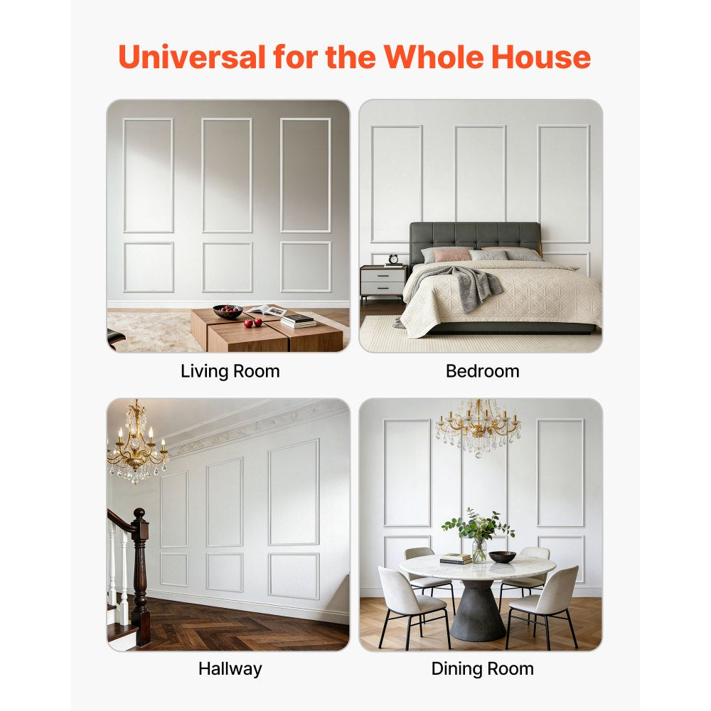 VEVOR Wall Molding 3 Pack, Wainscoting Panels Kit, Lightweight Paintable Polystyrene, Easy to Install, Waterproof Accent Wide Profile Trim for Interior Living Room, Bedroom,White (24x54 + 24x24 in)