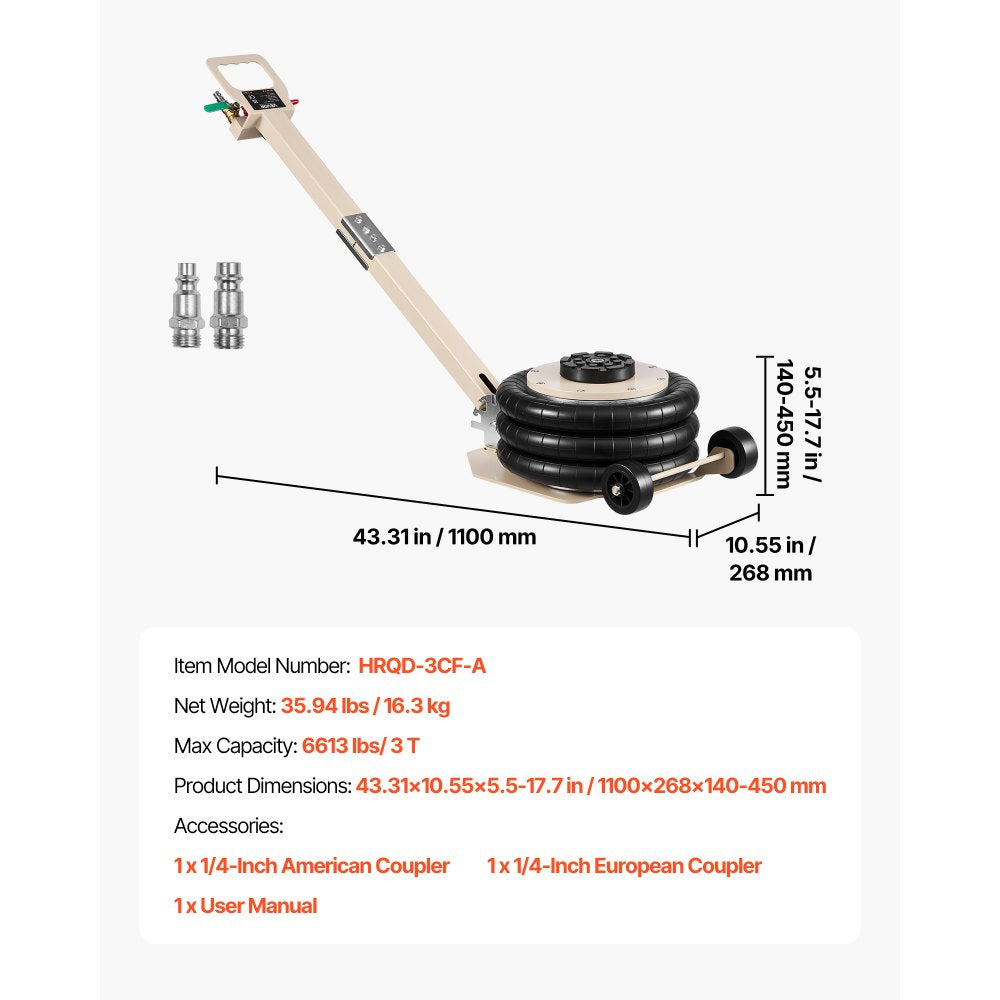VEVOR Air Jack, 3 Ton/6613 lbs Triple Bag Air Jack, Airbag with Six Steel Pipes, Lift Up to 17.7 inch/450 mm, 1-6 s Fast Lifting Pneumatic with Adjustable Long Handle for Car, SUV, Pickup Truck Repair