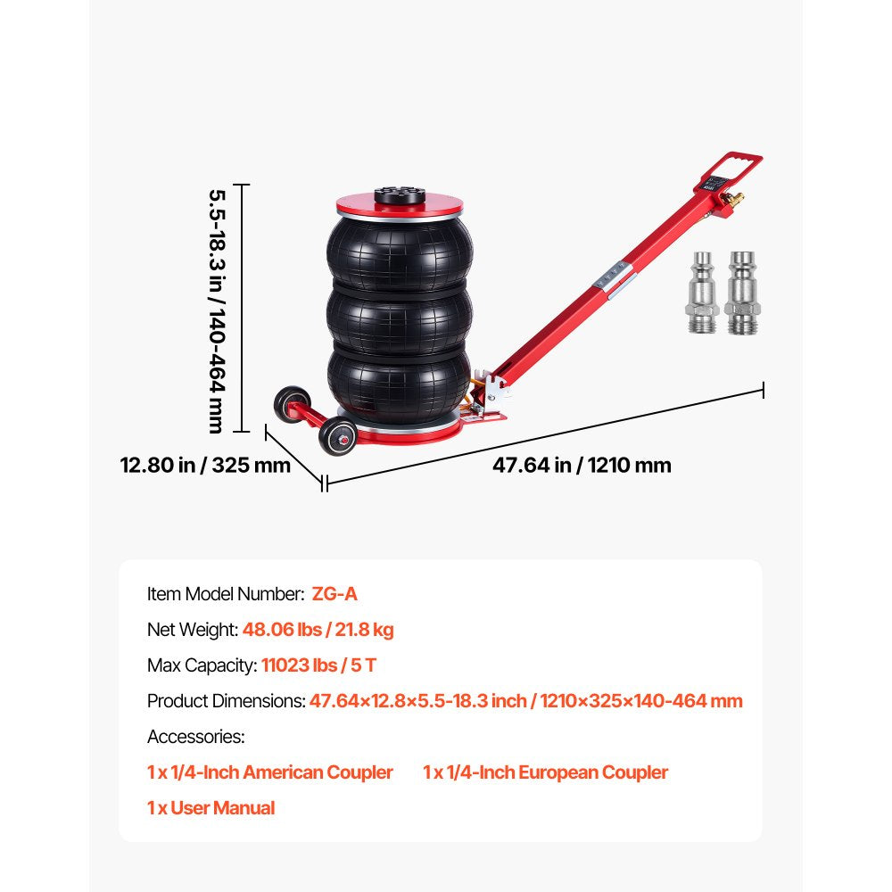 VEVOR Air Jack, 5 Ton/11023 lbs Triple Bag Air Jack, Airbag with Six Steel Pipes, Lift Up to 18.3 inch/464 mm, 4-10 s Fast Lifting Pneumatic with Adjustable Long Handle for Cars, SUVs, Pickup Trucks