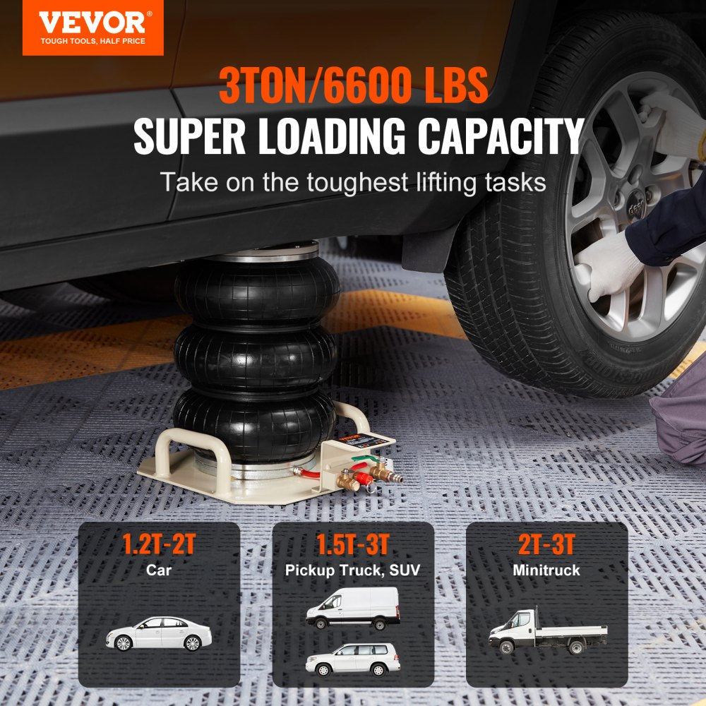 VEVOR Air Jack, 3 Ton/6600 lbs Triple Bag Air Jack, Airbag Jack with Six Steel Pipes, Lift up to 17.7 inch/450 mm, 3-5 s Fast Lifting Pneumatic Jack, with Side Handles for Car, Garage, Repair (White)