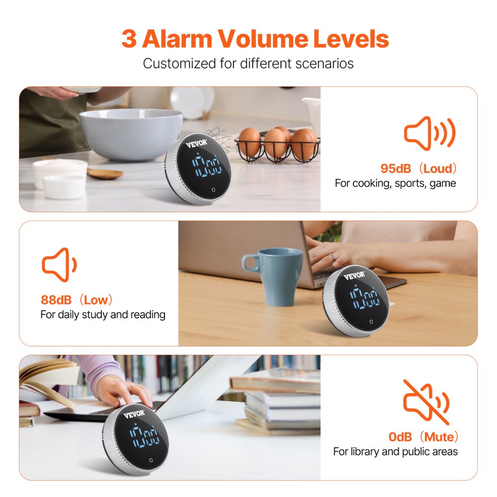 VEVOR Digital Kitchen Timer, Magnetic Countdown Countup Timer with 3-inch Large LED Display, 3 Volume Levels & 2 Lighting Modes, Digital Visual Timer Ideal for Cooking Classroom Studying Fitness
