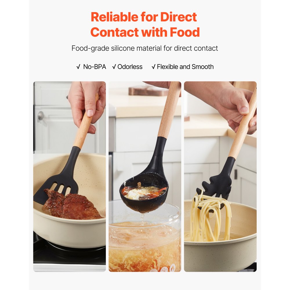 VEVOR Kitchen Cooking Utensils Set, 50 PCS Silicone Spatula Set with Holder, 428°F Heat Resistant Gadget Spoons Tools, Wooden Handle Home Essentials Accessories, Silicone Gadgets Cookware, Black