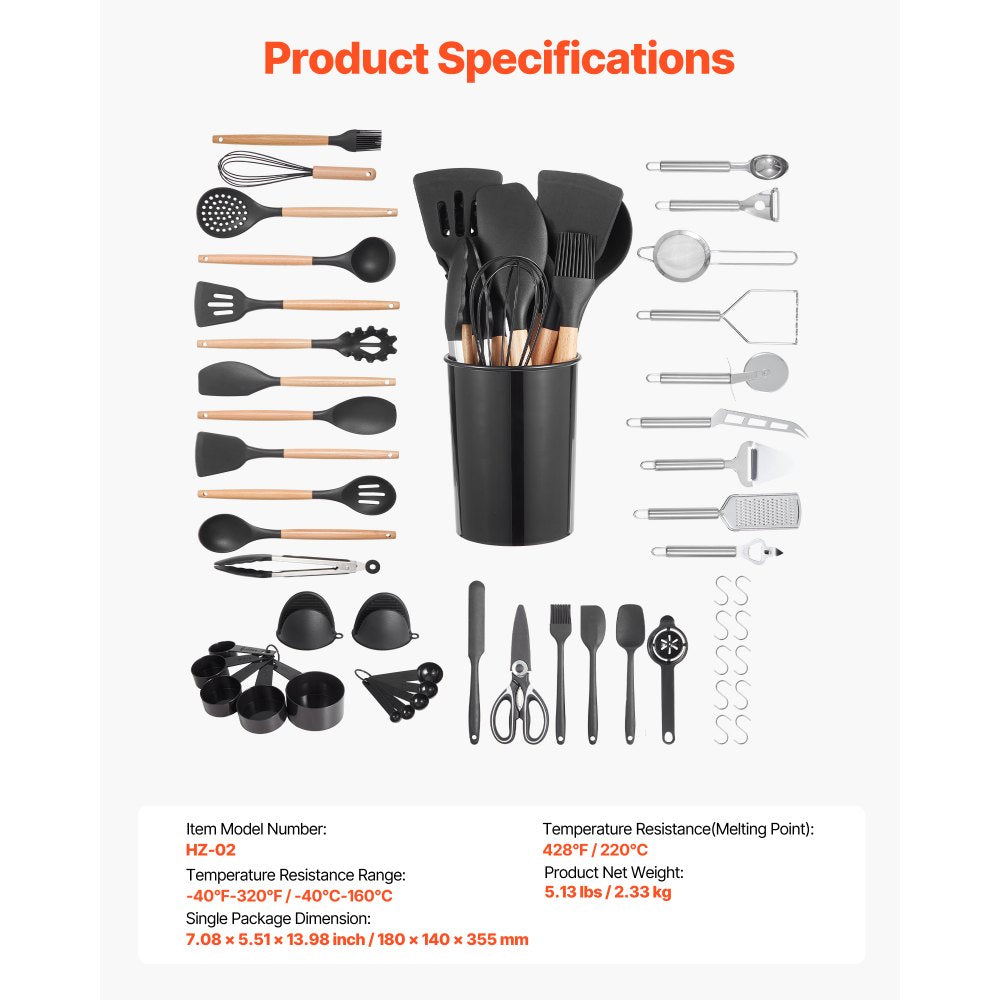 VEVOR Kitchen Cooking Utensils Set, 50 PCS Silicone Spatula Set with Holder, 428°F Heat Resistant Gadget Spoons Tools, Wooden Handle Home Essentials Accessories, Silicone Gadgets Cookware, Black